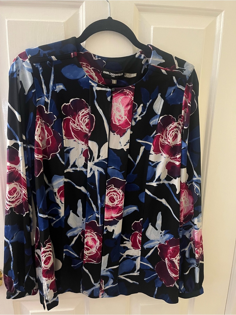 Karl Lagerfeld Black Floral Button-Front Women's Top - Pink & Blue NEW